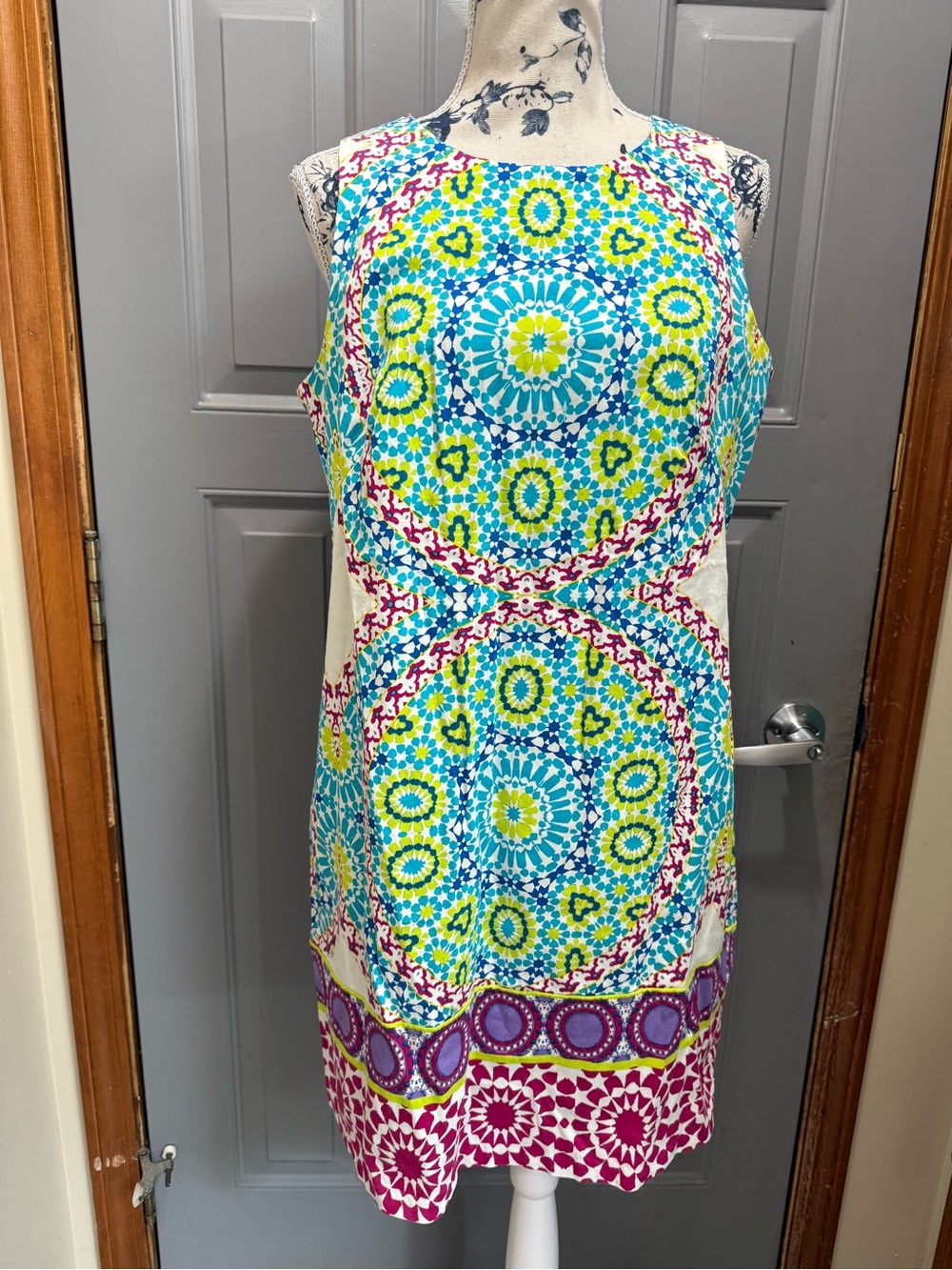 Bright Turquoise & Yellow Kaleidoscope Shift Dress-London Times (8)